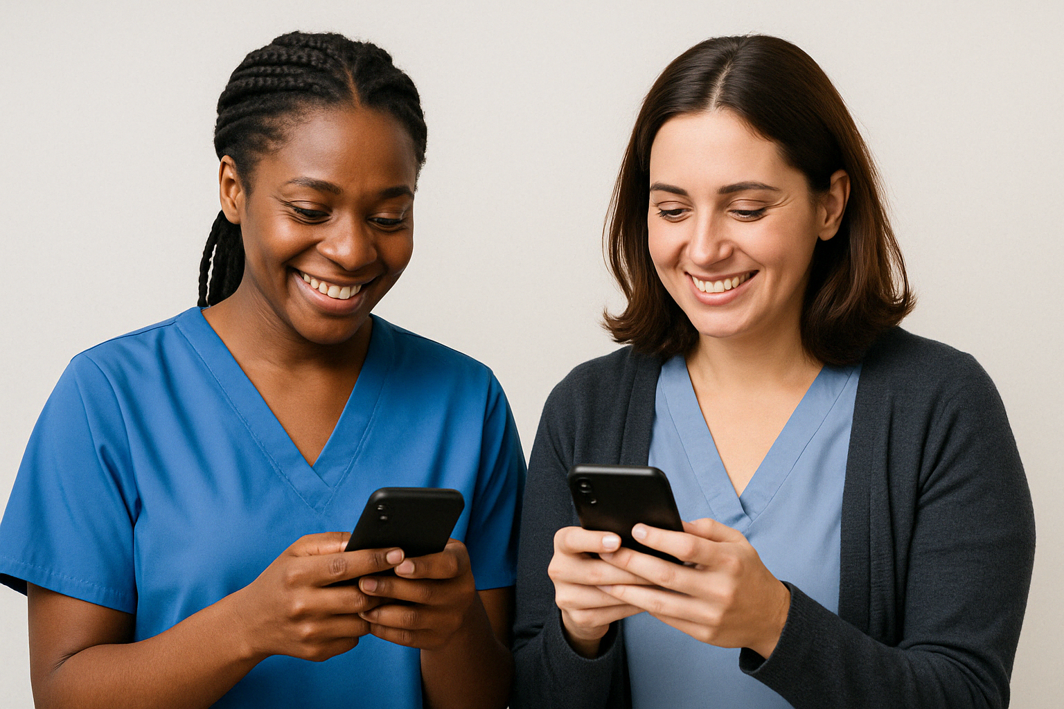 Two carers reviewing training on a mobile device